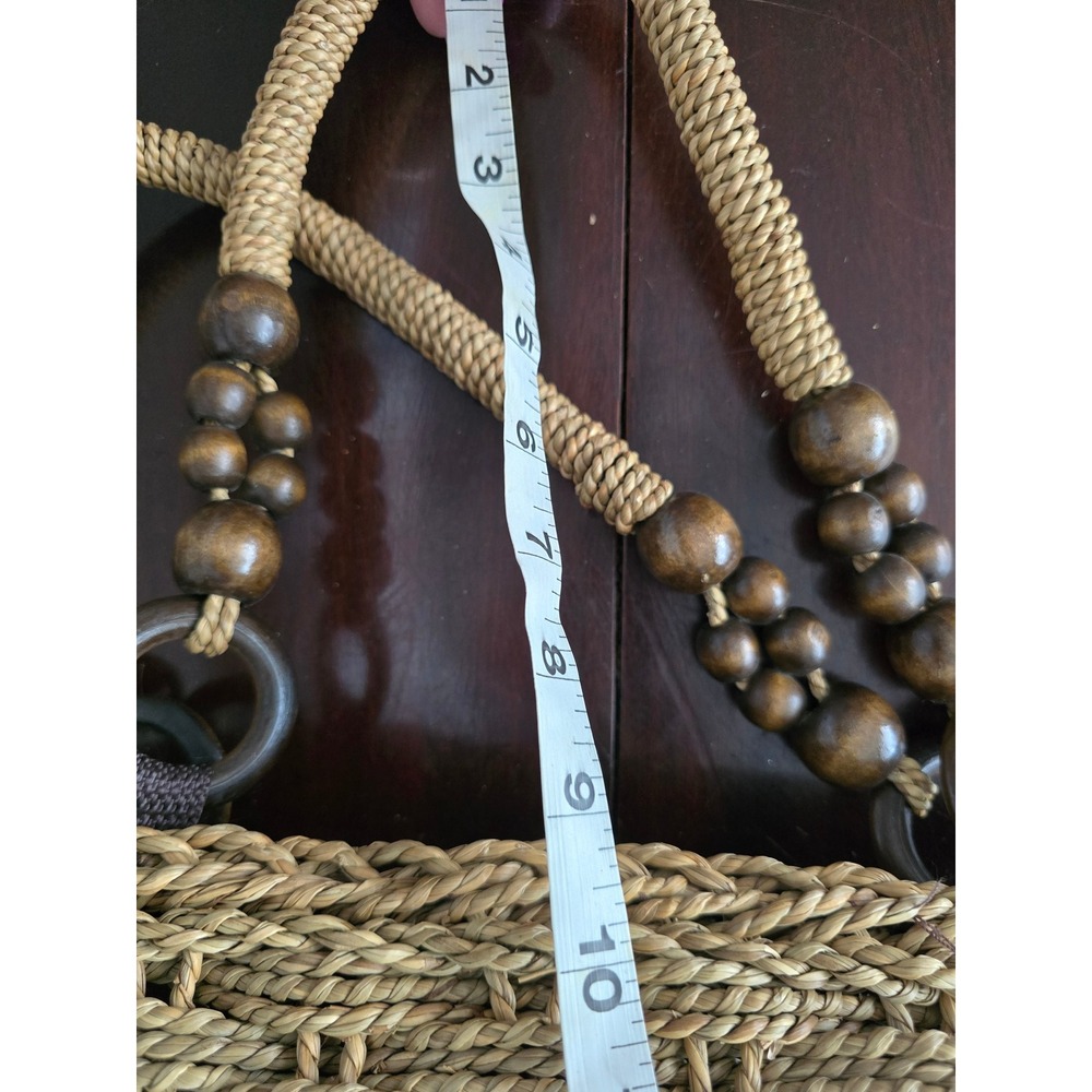 Magid Woven Straw Tote Bag Leopard Print Fabric Panels Wooden Beads Ring Handles - Picture 9 of 9